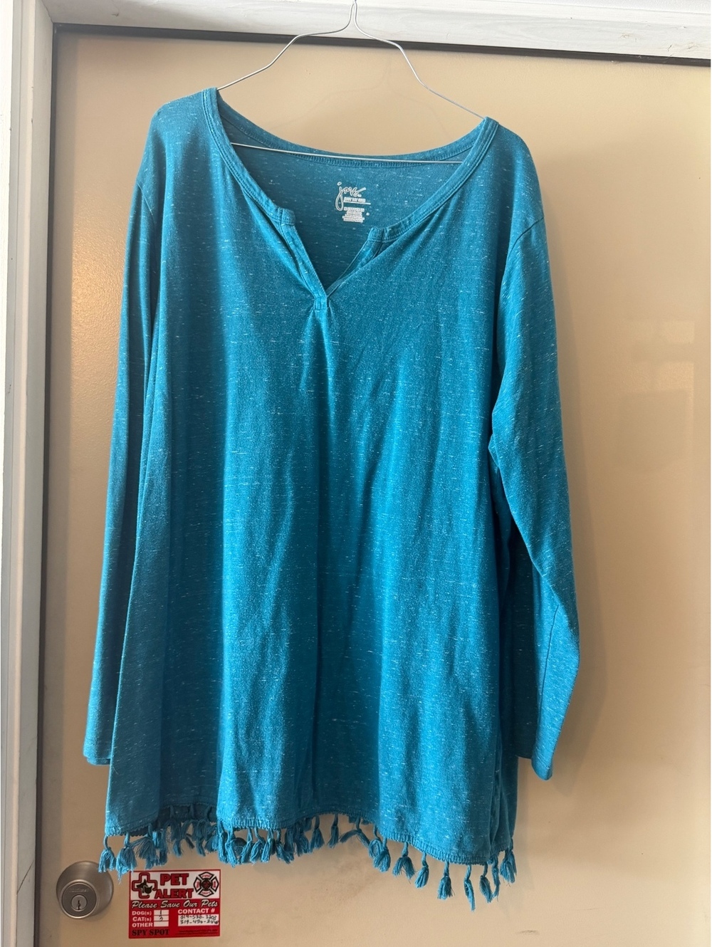 Just My Size Women's 3X Teal Blue Long Sleeve Tassel Hem Top